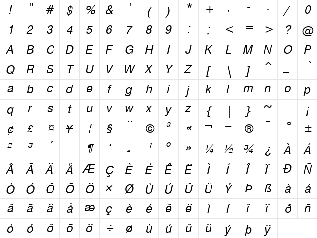 HebarU Italic  glyph index