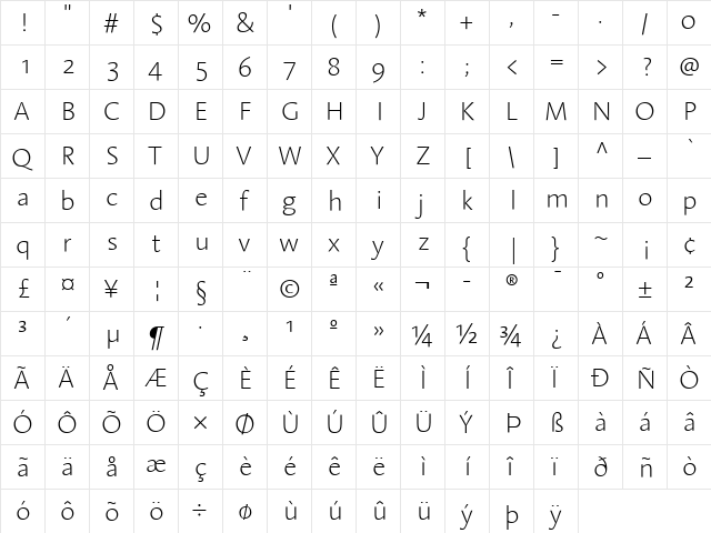 LinotypeAroma ExtraLight ExtraLight  glyph index