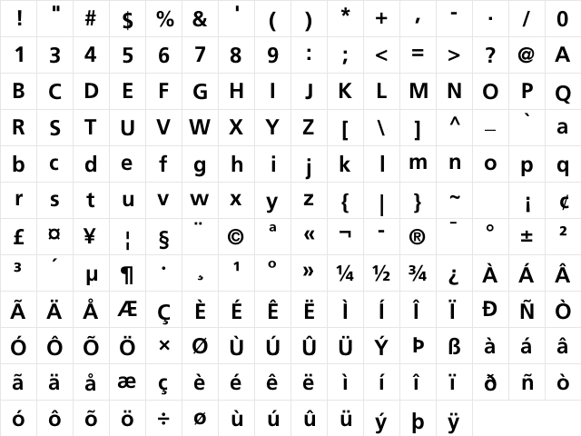 Frutiger LT Com 65 Bold  glyph index