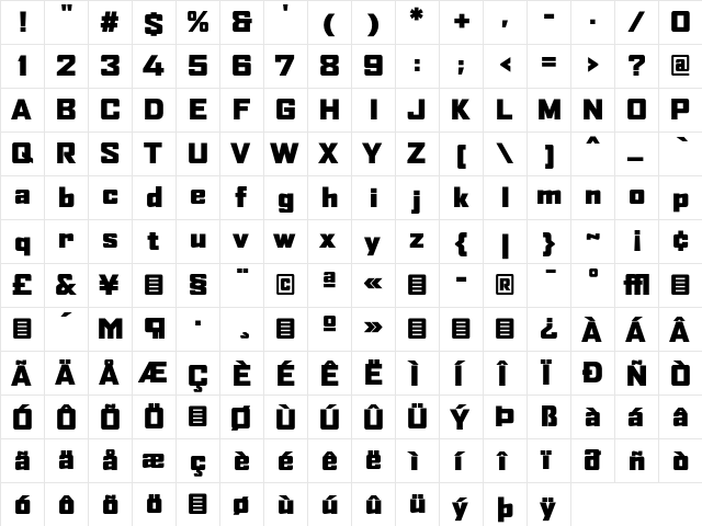 AgencyFBBlackWide Regular  glyph index