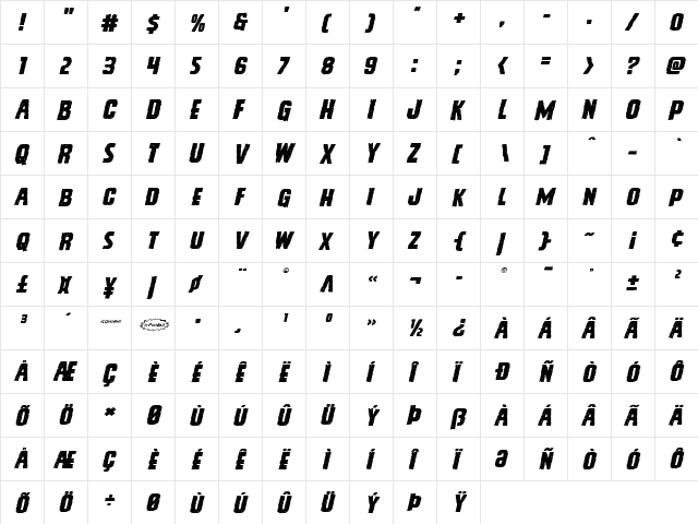 Vicious Hunger Expanded Italic Expanded Italic  glyph index