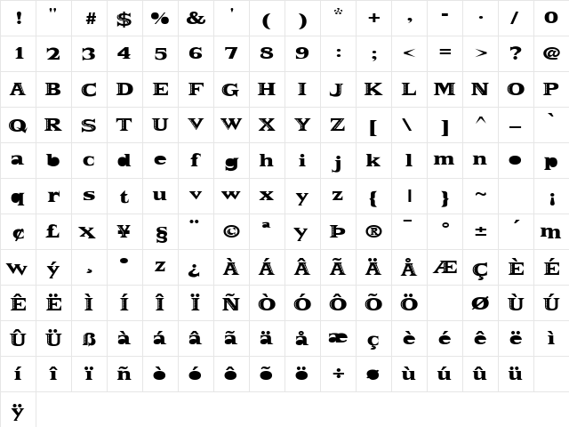 Dixieland Regular  glyph index