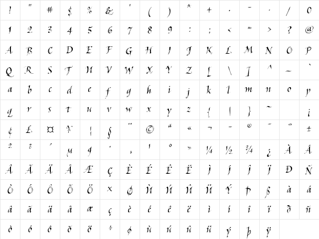Hedera ITC TT Regular  glyph index