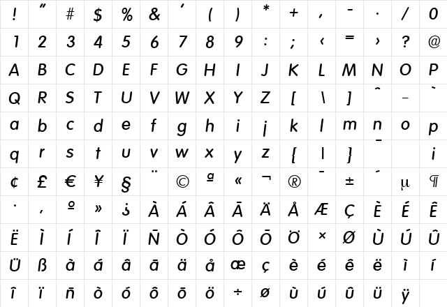 VolkswagenSerial-Medium Italic  glyph index