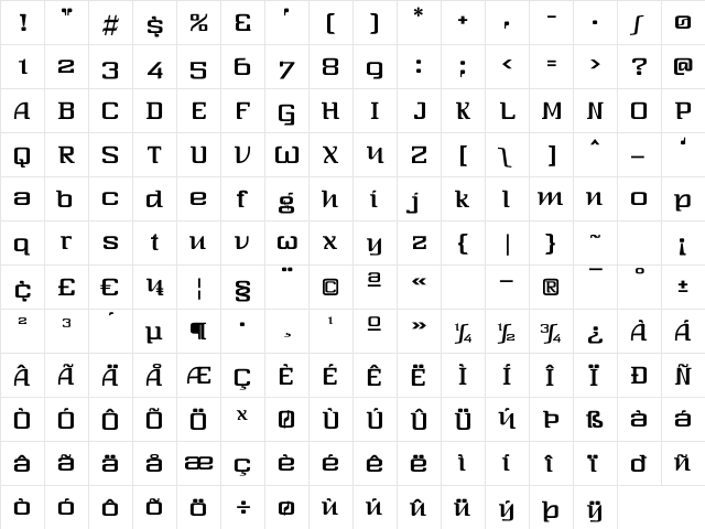 Three-Sixty Regular  glyph index