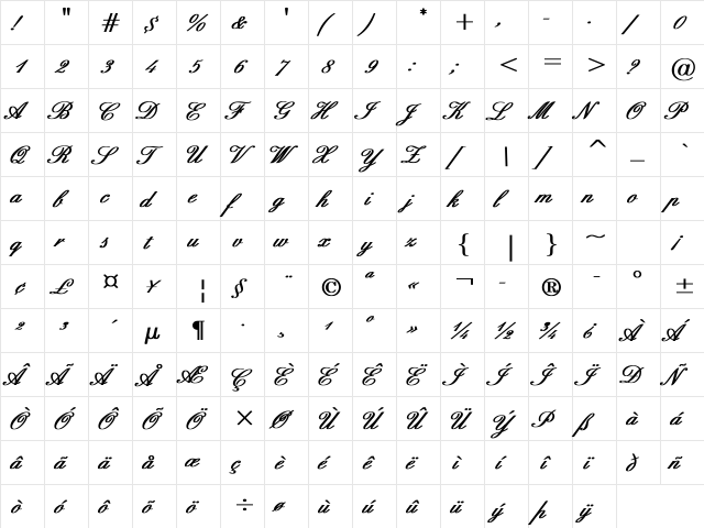English Bo Bold  glyph index