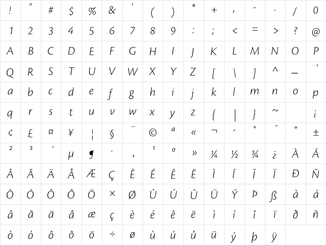 Cronos Pro Light Subhead Italic  glyph index