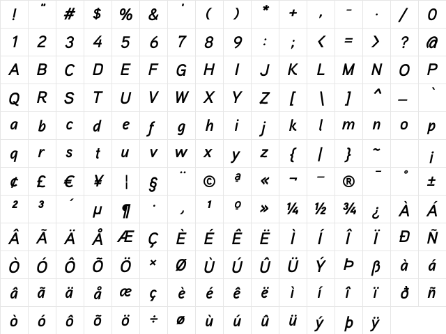 Aaux ProBold Italic Regular  glyph index