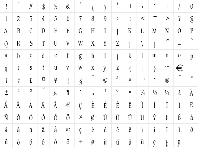 ClaytonThin Normal  glyph index