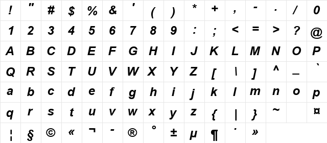 Arial Cyr Bold Italic  glyph index