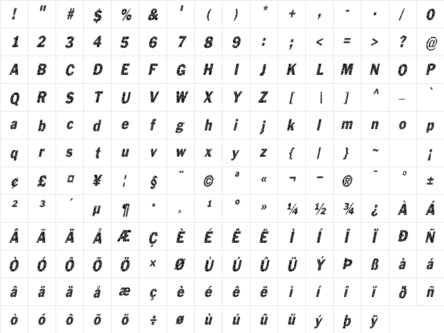 Philadelphia Cracked-Condensed Italic  glyph index