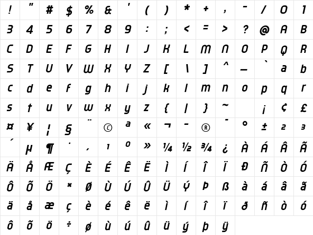 Typo Oval Demo Bold Italic  glyph index