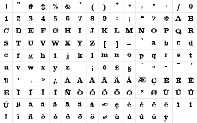 ClarendonTBolIn1 Regular  glyph index