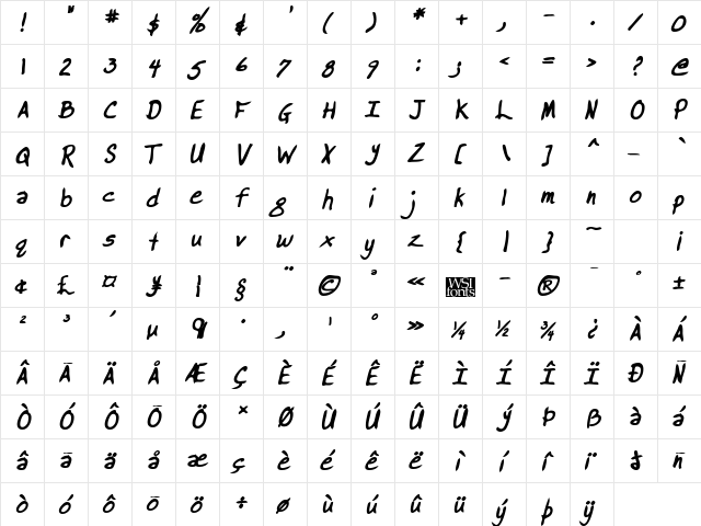 BrooksHand Bold Italic  glyph index