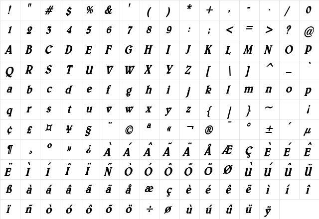 Blew Thin Bold Italic  glyph index