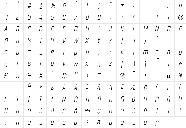 SeanBecker-ExtraLight Italic  glyph index