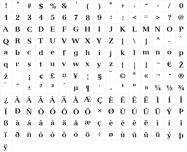 Versailles LT Bold  glyph index