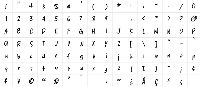 Chewed Pen BB Regular  glyph index