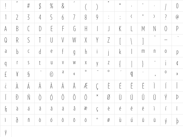 Verlag Compressed Extra Light  glyph index