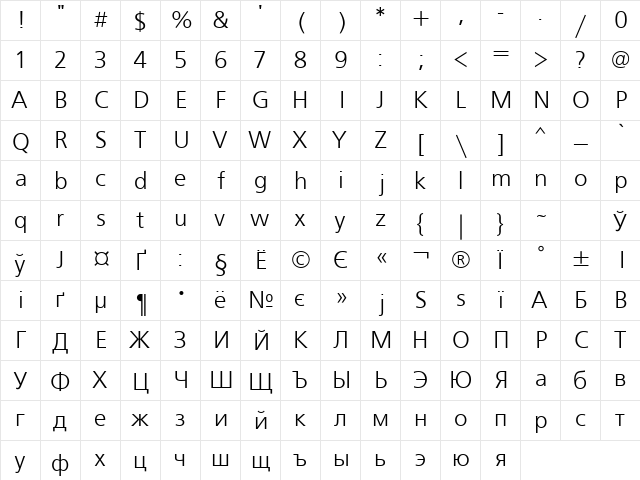 FreeSet Cyrillic  glyph index