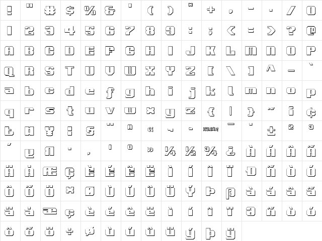 Voortrekker 3D Regular  glyph index