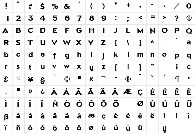 Napoli Bold  glyph index