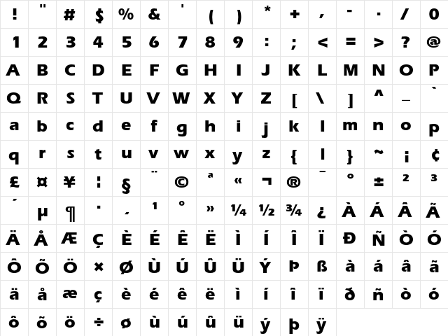 Eras Regular  glyph index