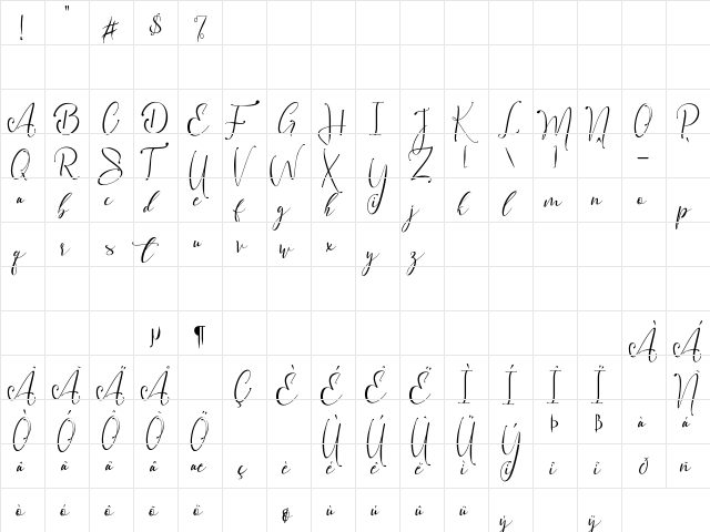 Vanilla Mermaid Regular  glyph index