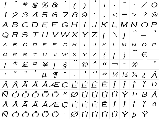 CobaltWide Italic  glyph index