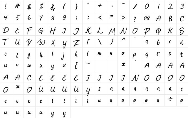 The Jeliman Regular  glyph index