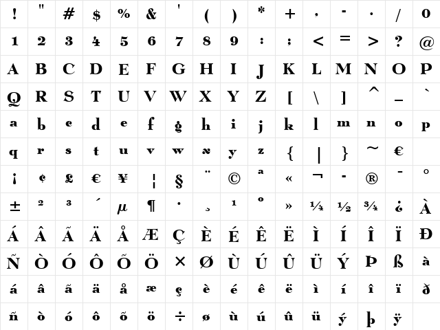 Lucian BT Bold  glyph index