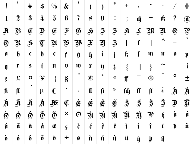 Fette Kanzlei Regular  glyph index