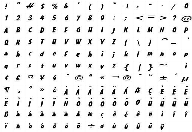 Massey Extended Italic  glyph index