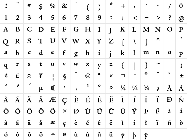 Adobe Jenson Pro Semibold Caption  glyph index