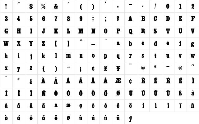 Egyptienne MN Condensed Bold  glyph index