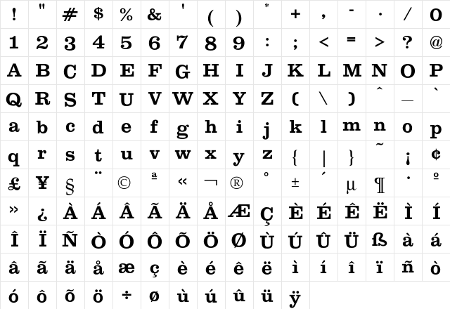 Clarion Bold  glyph index