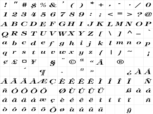 Tiffany-BoldItalic Ex Regular  glyph index