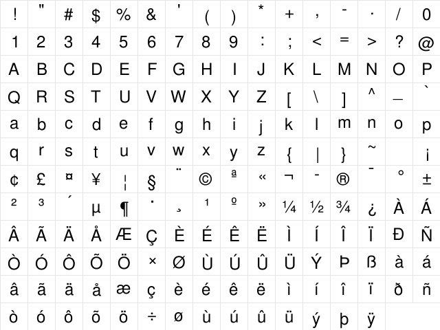 FreeSans Medium  glyph index