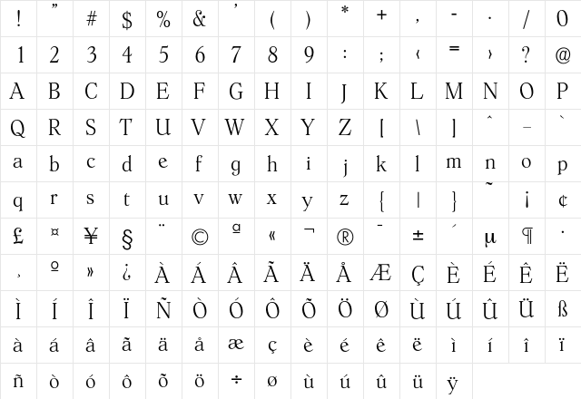 Hoboken-Xlight Regular  glyph index