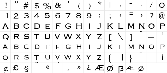 Engraving Regular  glyph index