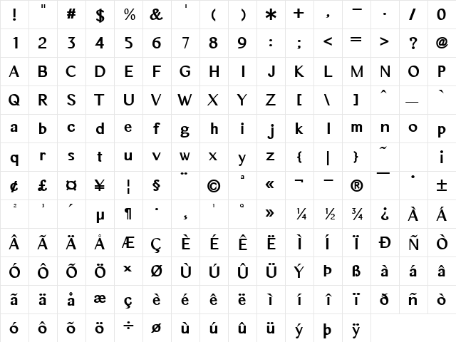 Ballymun RO Bold  glyph index
