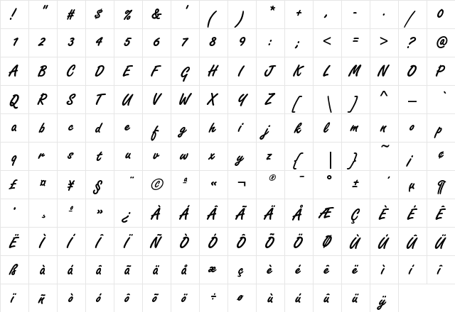 FreestyleScriptEF Bold  glyph index