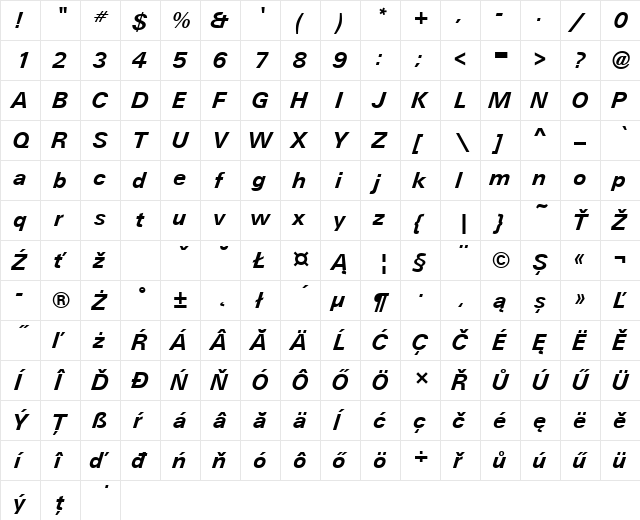 UnitusTEE Bold Italic  glyph index