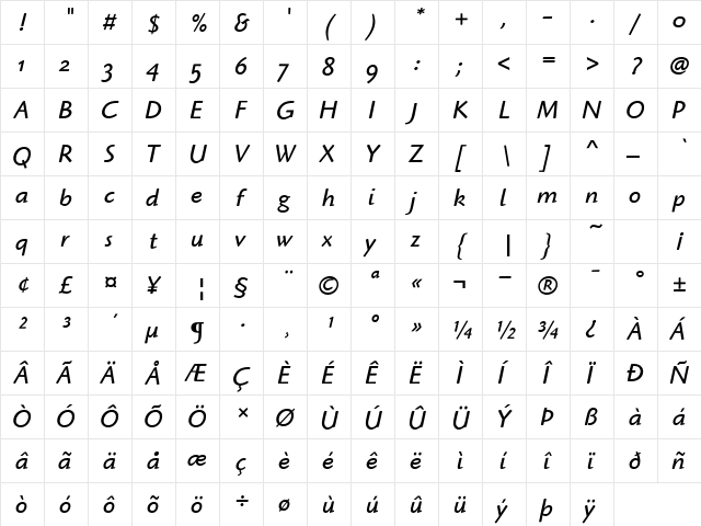 HighlanderITCOS-Book BookItalic  glyph index