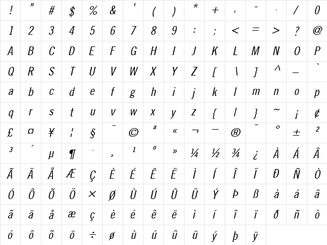 TradeGothicNo.18-Condensed RomanItalic  glyph index