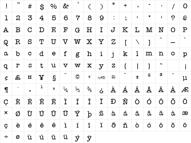 Typist normal  glyph index