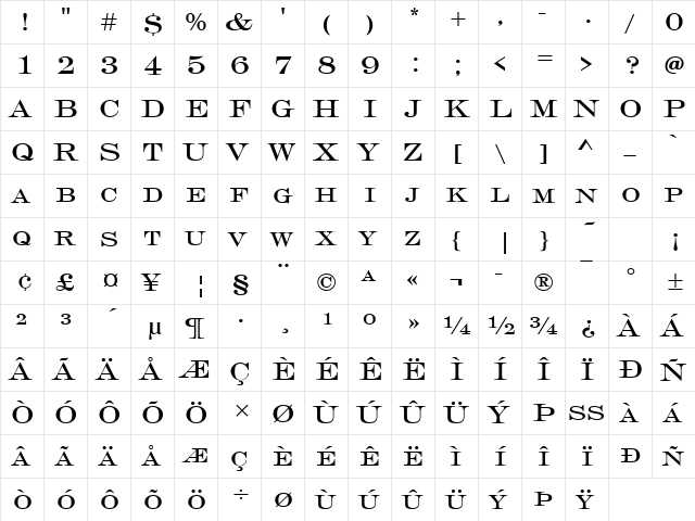 Engravers Becker Regular  glyph index