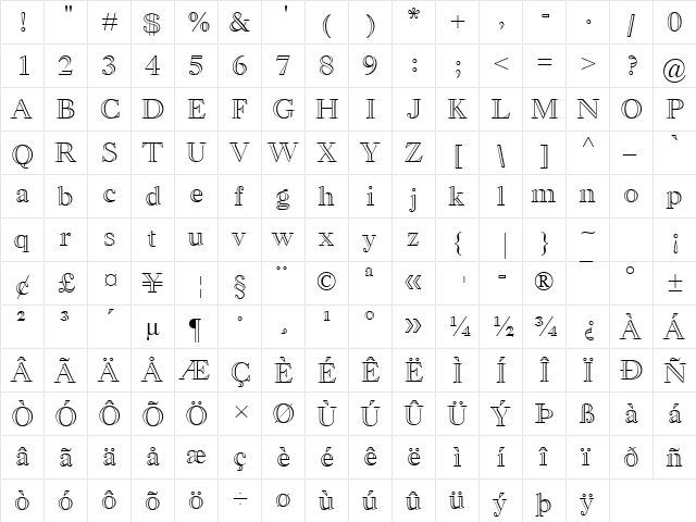 Old Style MT Bold Outline Regular  glyph index