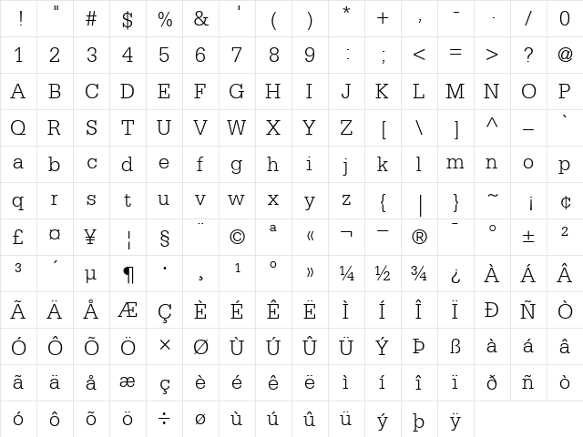 Serifa45-Light Light  glyph index