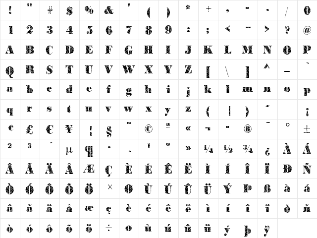 BodoniStrokes Regular  glyph index